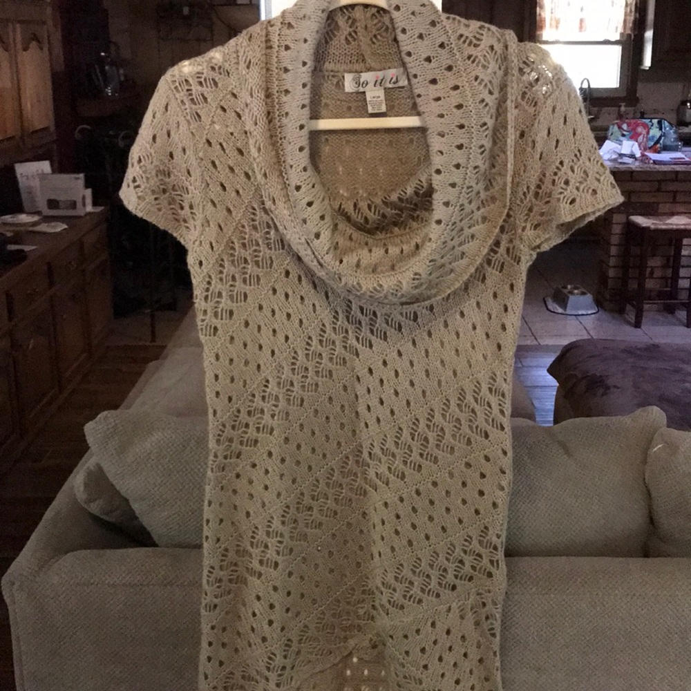 Tan Cowl Neck Open Knit Dress